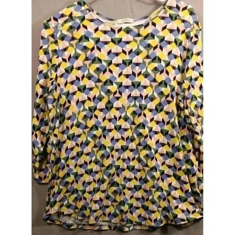 Avon Womens Shirt Multicolor Geometric‎ Print 3/4 Sleeve Size XL Purple Buttons